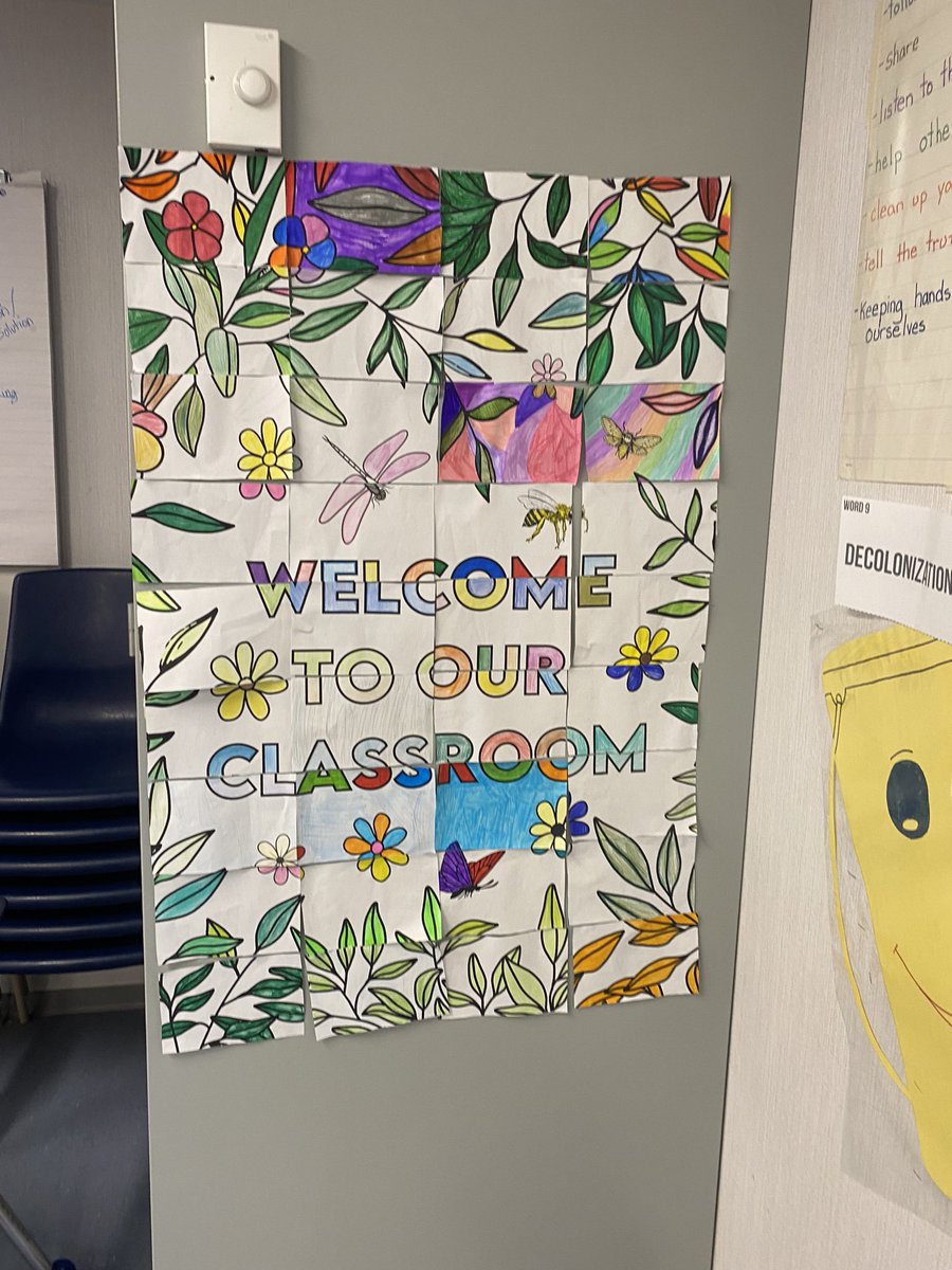 MsCasey13's tweet photo. Each student was given a rectangle piece of paper to colour and then they were to build the final picture. This is our new “welcome to our classroom” sign #grade6 #art #juniorteacher https://t.co/2jrqsjh6gh