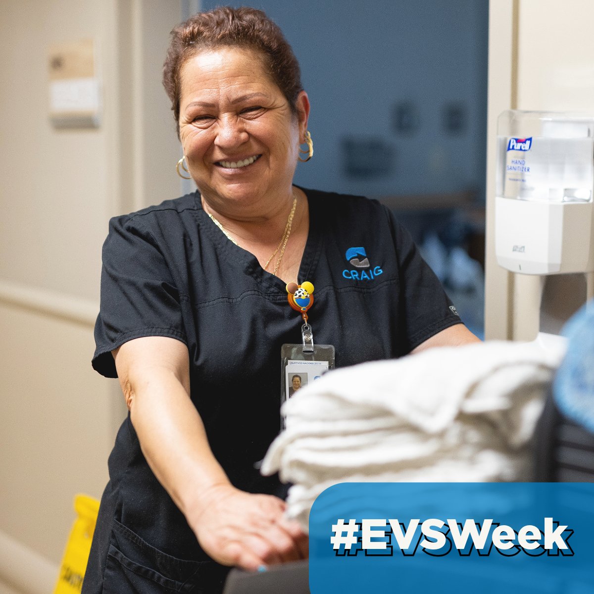 CraigHospital's tweet photo. Celebrating our Environmental Services team, including Sandra, an amazing EVS team member for a total of 11 years! Their dedicated work helps keep Craig Hospital clean and safe for our patients and staff. Thank you for making Craig shine! #EnvironmentalServicesWeek #EVSWeek https://t.co/ZouB0MsteC