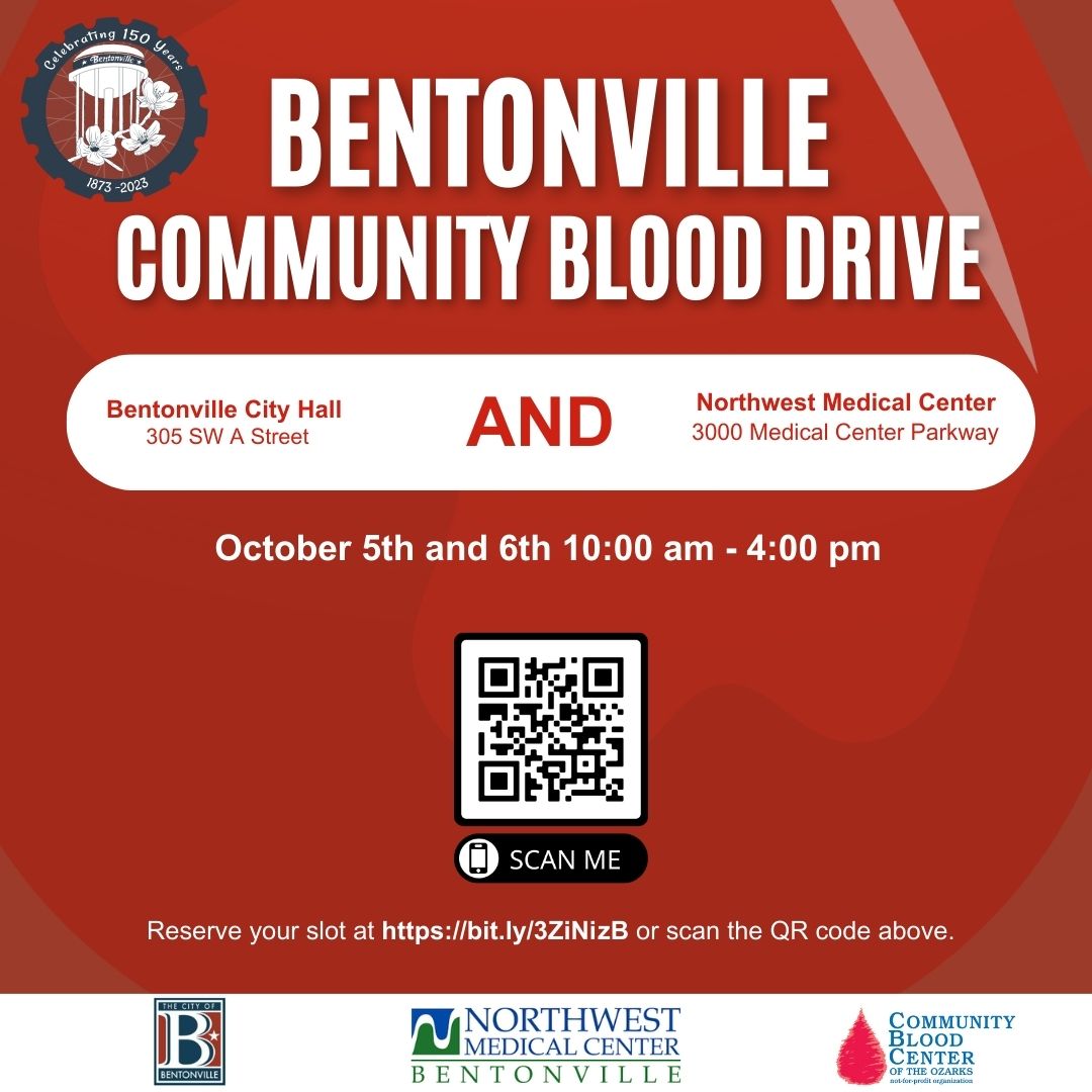 The City of Bentonville is partnering with @communitybloodcenter Community Blood Center of the Ozarks and Northwest Medical Center Bentonville for a blood drive on October 5th and 6th from 10–4 at City Hall and Northwest Medical Center.
Reserve here: bit.ly/3ZiNizB