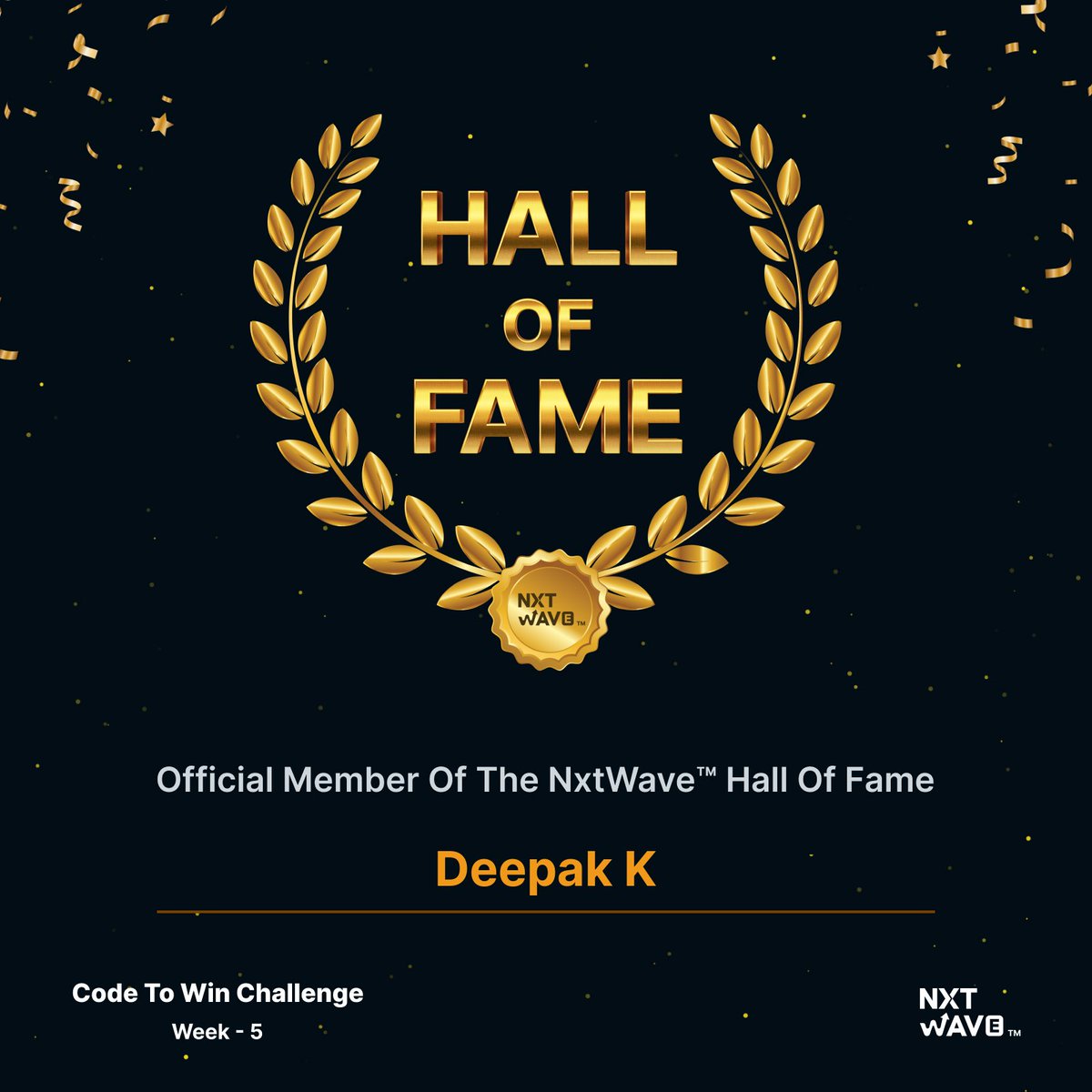 DeepakK93975460's tweet image. Received a badge of official member of the Hall of Fame from NxtWave for completing the 5th week of the Code To Win Challenge. 🙌 #badge #halloffame #codetowinchallenge #nxtwave 😊@nxtwave_tech @rahulattuluri @sashankreddy07 #ccbpintensive #nxtwave #ccbpian #ccbpacademy