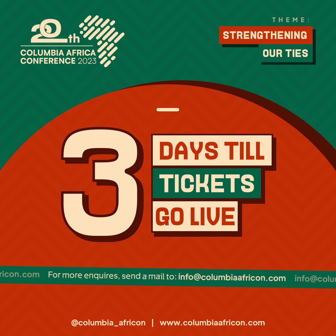 📢 Mark your calendars! 

🗓️ In just 3 days, your golden opportunity to join the Columbia Africa Conference becomes a reality. 🎉 

Set those alarms and get ready to secure your ticket to an unforgettable experience. We can't wait to welcome you! 🌍✨

#CAC20in23 #AfricansInNYC