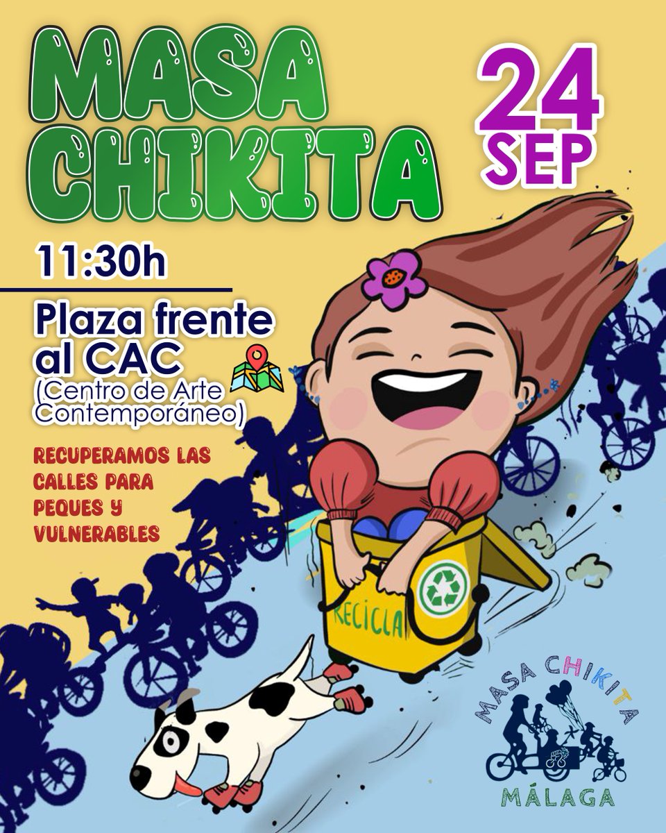 Vuelve la Masa Chikita! Y no faltan motivos:
1. Celebrando la semana de la movilidad
2. Finiquitando el Eco Festival - linktr.ee/malagaecofesti…
3. Sumándose a la Kidical Mass Internacional - kidsonbike.org
4. Porque montar en bici/patines/skates por la ciudad mola!