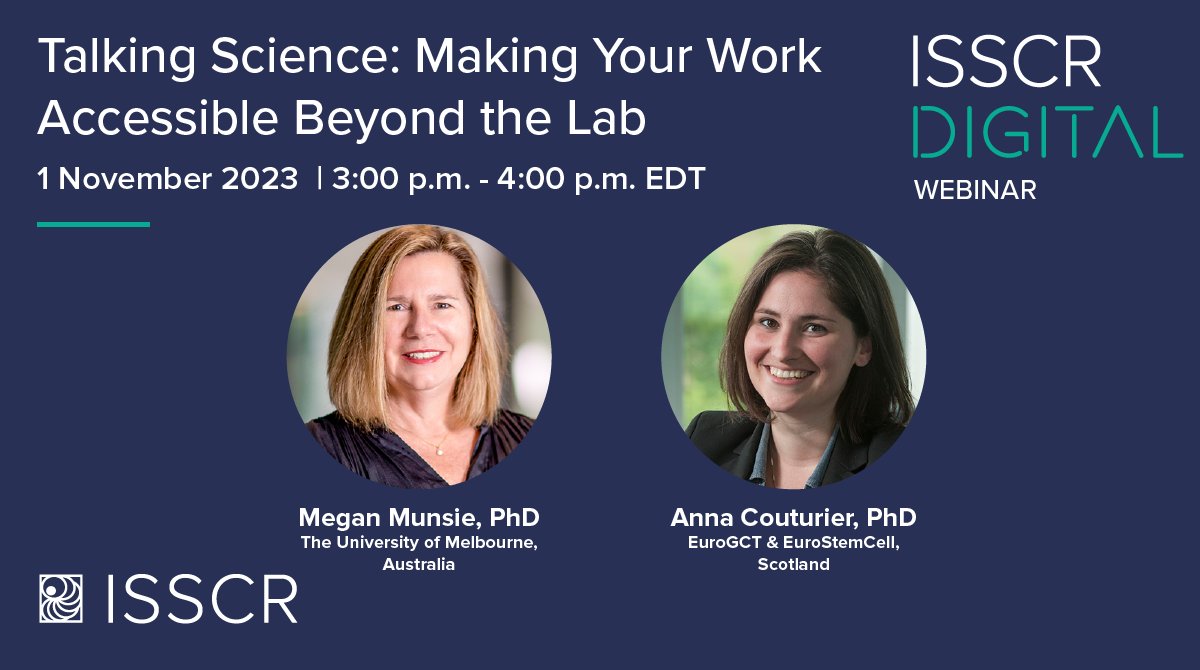 ISSCR (@isscr) on Twitter photo 🔬 📣 Join Megan Munsie (<a href="/UniMelb/">University of Melbourne</a>) & Anna Couturier (<a href="/EuroGct/">EuroGCT</a> & <a href="/eurostemcell/">EuroStemCell</a>) as they share practical tools and techniques for communicating your #stemcell science during our #ISSCRDigital Webinar. Register today 👉 bit.ly/3sEMLMn 🔬 📣 Join Megan Munsie (<a href="/UniMelb/">University of Melbourne</a>) & Anna Couturier (<a href="/EuroGct/">EuroGCT</a> & <a href="/eurostemcell/">EuroStemCell</a>) as they share practical tools and techniques for communicating your #stemcell science during our #ISSCRDigital Webinar. Register today 👉 bit.ly/3sEMLMn