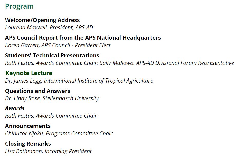 I'm getting excited for our <a href="/plantdisease/">The American Phytopathological Society</a> <a href="/phytopathafrica/">African Phytopathology Group</a> meeting tomorrow

Register here: apsnet.org/members/commun…

Can't wait for <a href="/jamesplegg/">James Legg</a> keynote lecture #cassava  #plantpathology #africanphytopath

<a href="/LourenaArone/">Lourena Arone Maxwell</a> <a href="/Garrett_Lab/">Karen Garrett</a> <a href="/LinzjRose/">Lindy Rose</a> <a href="/RuthFestus4/">Ruth Festus</a> <a href="/njokuchibuzor/">Dr. Chibuzor</a>