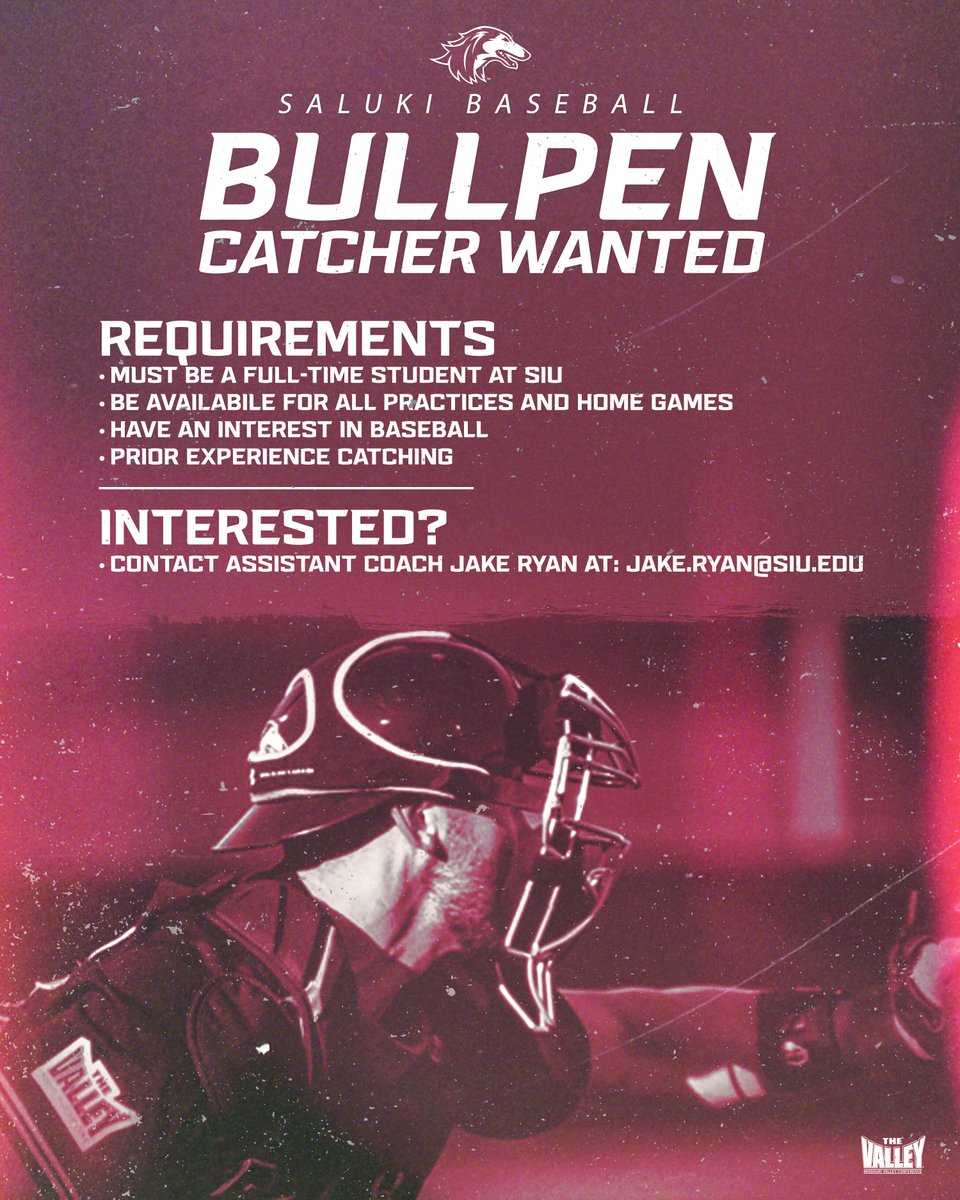 SIU_Baseball's tweet photo. Have experience catching!?  We're looking for our next bullpen catcher!

Contact @CoachJakeRyan here or at Jake.Ryan@siu.edu for more info.

#Salukis | #DawgBall https://t.co/Orh8UCja1e