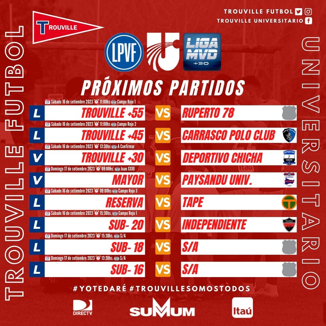 🔺️Fútbol ⚽️‼
Compartimos Actividad fijada para sábado 16 y domingo 17 de setiembre en las categorías de <a href="/LUD_Oficial/">Liga Universitaria de Deportes</a>  <a href="/LPVFinfo/">LPVF</a> y <a href="/Ligamvdmas/">Liga MVD+</a>
.
#VamosLaRoja🔴⚽️
<a href="/ClubTrouvilleUY/">Club Trouville</a>
<a href="/CampoRojoUY/">Campo Rojo - Club Trouville</a>
<a href="/SummumUY/">SUMMUM</a>