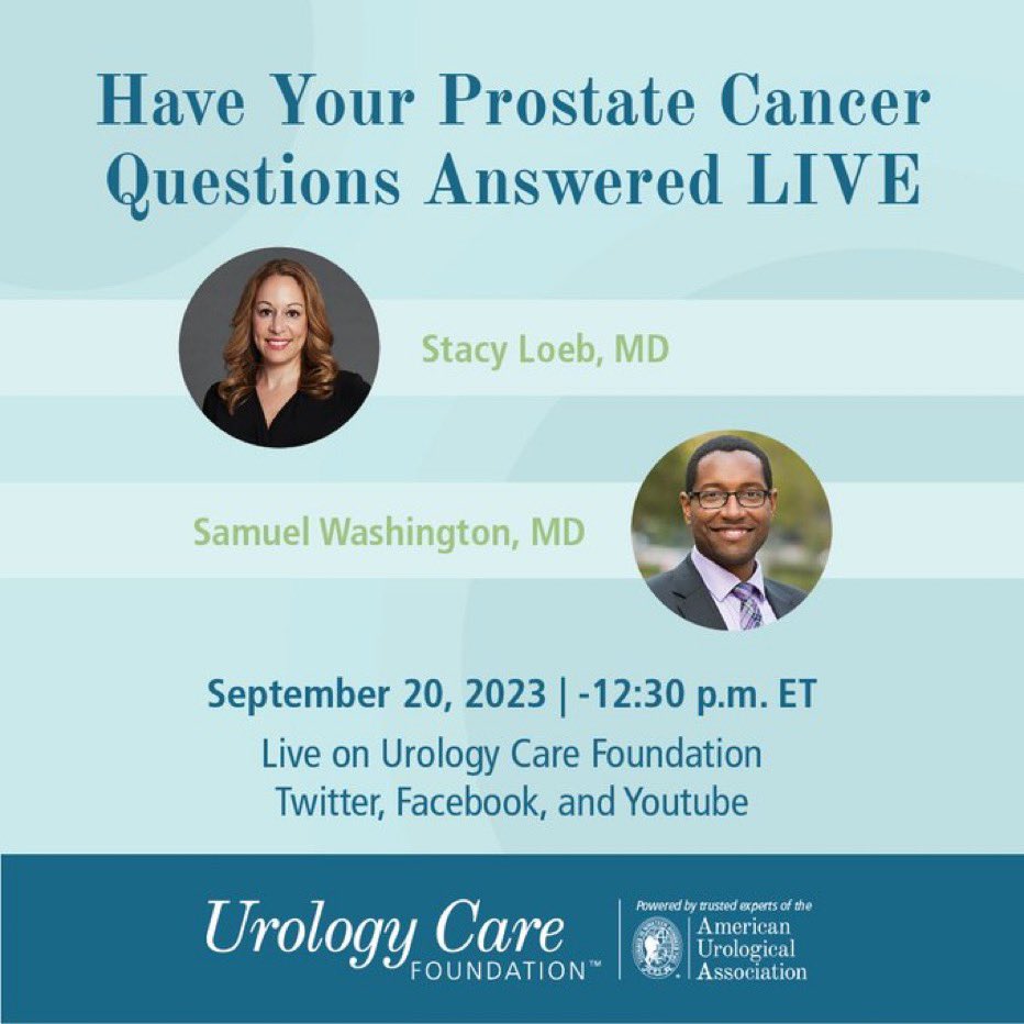 September is Prostate Cancer Awareness Month! I am excited to host a live webinar with @SamWashUro for the @UrologyCareFdn on Wednesday Sept 20 from 12-1230pET to discuss important facts about #prostatecancer. To register or submit questions please visit: auanet-org.zoom.us/webinar/regist…