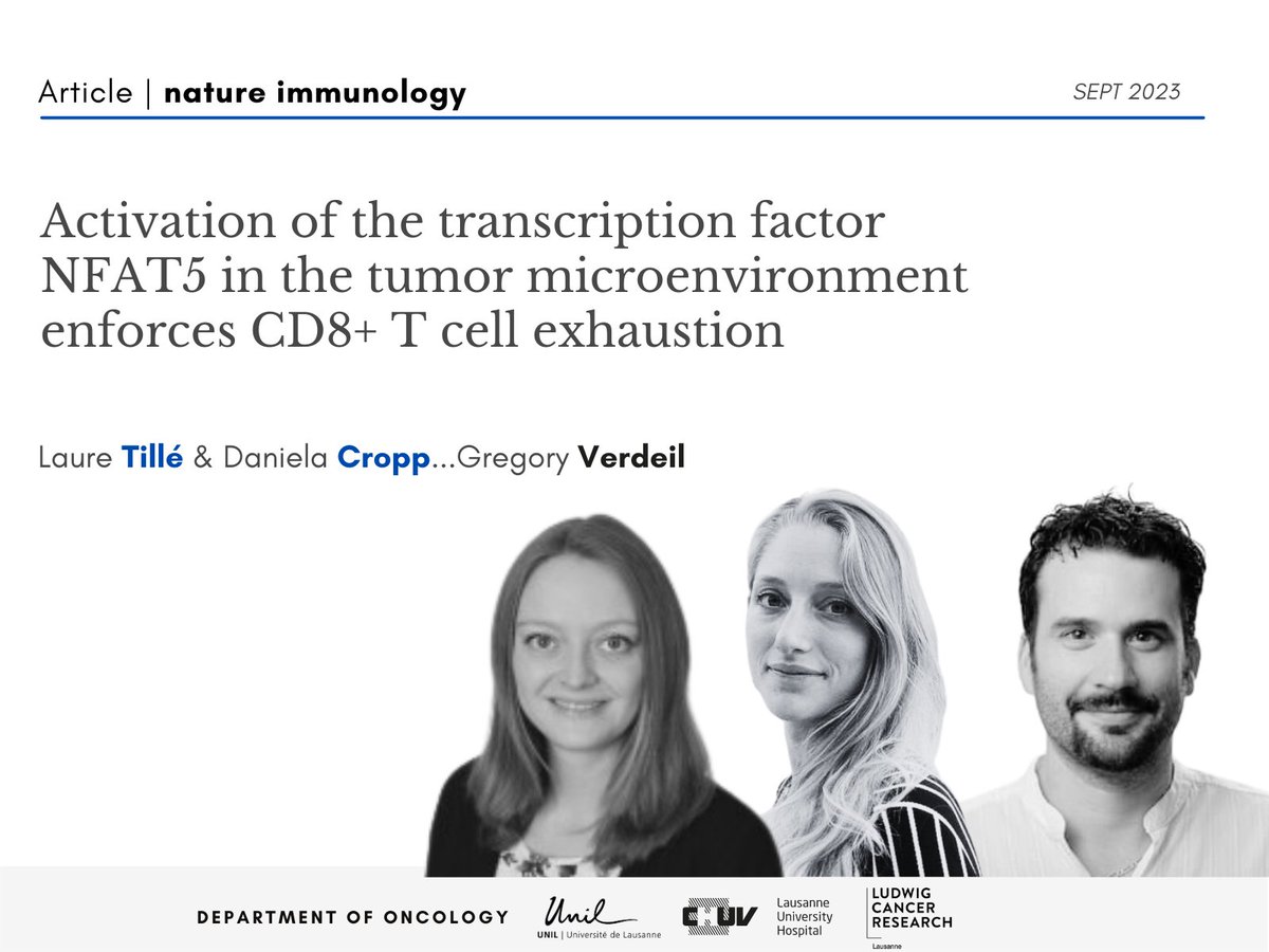 🔥NEW STUDY from @GregVerdeil Lab in @NatImmunol on the transcription factor NFAT5 that regulates T cell exhaustion in the context of cancer 🦀 but not during chronic viral🦠infection. #CancerResearch 🔗nature.com/articles/s4159… @unil @FBM_UNIL @Ludwig_Cancer @CHUVLausanne