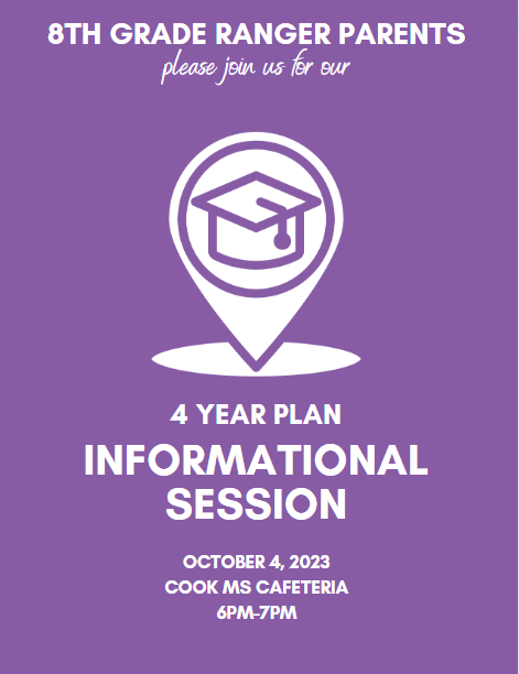 CookRangers's tweet photo. Cook Middle School is hosting a 4 year plan informational session for Parents of 8th Graders on Oct. 4 in the Cook MS Cafeteria from 6 pm to 7 pm. https://t.co/8fvSeIg4jy