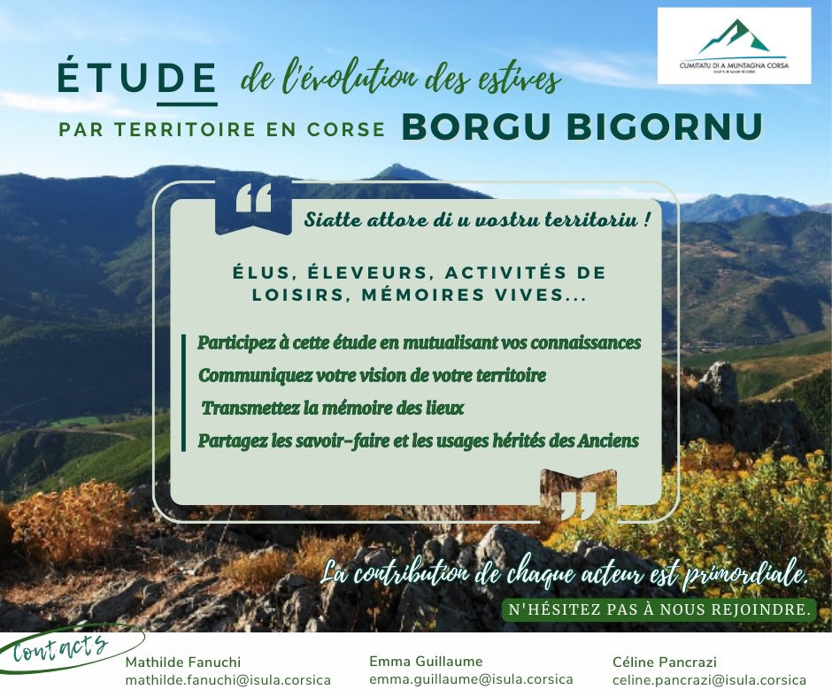 [𝙋𝙖𝙨𝙩𝙪𝙧𝙖𝙡𝙞𝙨𝙢𝙪 🐐] 
➡️Poursuite de l’état des lieux des territoires d’estives en Corse
ℹ️Réunion d’information pour le territoire « BORGU BIGORNU »
🤝Devenez acteur de votre territoire en participant à la réunion 
🗓18/09/23 🕞15h30
📍CAMPITELLU - Casa cumuna