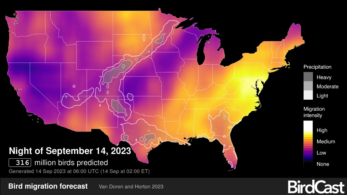 USFWSBirds's tweet photo. Heads up East Coast! The birds are coming, the birds are coming! 🌘 Most birds migrate at night, using the setting sun, stars, and moon to help them navigate. Join us and #DimtheLights at night to help prevent #lightpollution and help these travelers navigate safely. 📷BirdCast https://t.co/0LzvZ1dMpA
