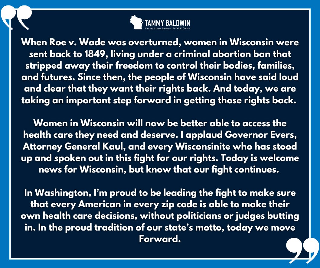 My full statement on Planned Parenthood of Wisconsin’s announcement to resume abortion care in Wisconsin. 

More info here ➡️baldwin.senate.gov/news/press-rel…