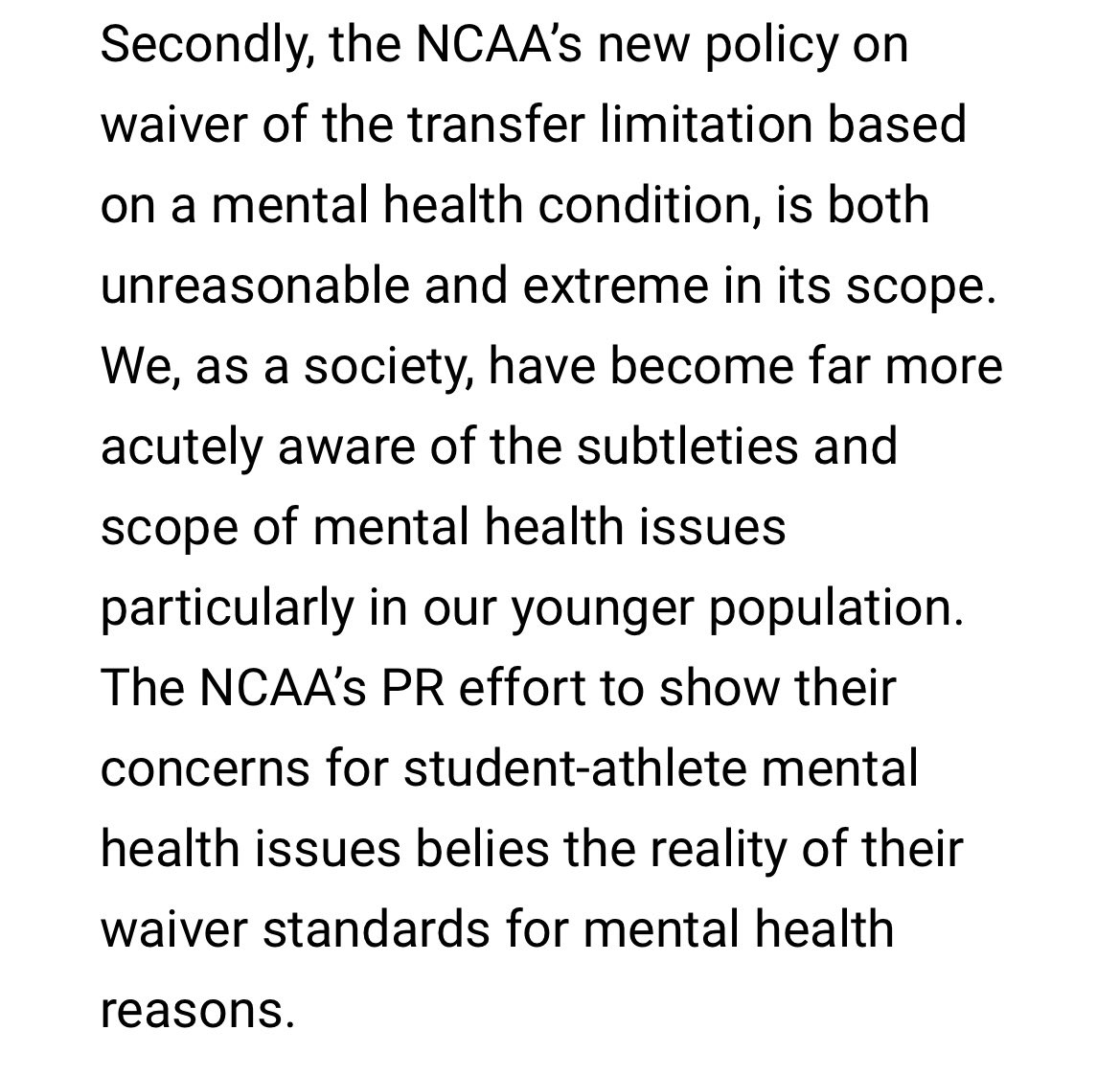 Former North Carolina Supreme Court justice with some strong words on the NCAA’s current transfer restrictions.

He believes they violate antitrust law.

And that the current transfer waiver standard shows the NCAA is not actually concerned with athlete mental health.
