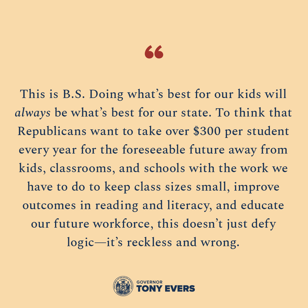 GovEvers's tweet photo. BREAKING: Republicans just voted to take over $300 per student every year for the foreseeable future away from kids, classrooms, and schools across our state.

It’s B.S. Doing what’s best for our kids will always be what’s best for our state. My statement ⬇️ https://t.co/qL6nbwZX13