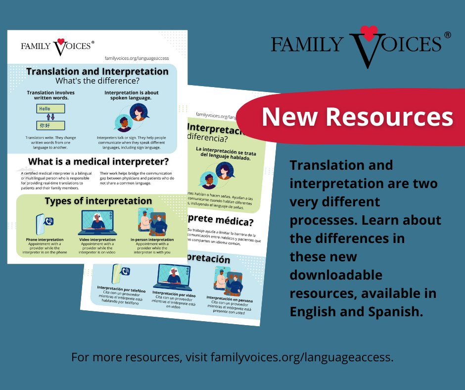 Translation and interpretation are two very different processes. Learn about the differences in these new downloadable resources, available in English and Spanish. #LanguageAccess #healthcare #HealthEquity familyvoices.org/languageaccess… @AmerAcadPeds @MinorityHealth