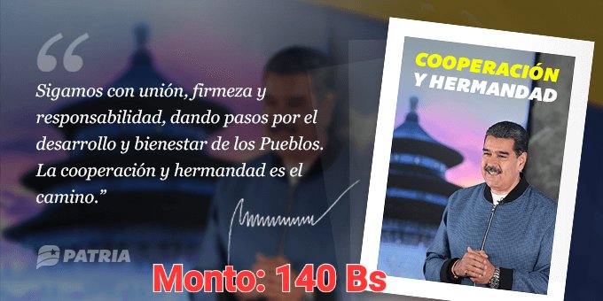 #VenezuelaYChinaIndestructibles
Continúa la entrega del Bono Cooperación y Hermandad enviado por nuestro Presidente @NicolásMaduro a través de la Plataforma Patria. La entrega tendrá lugar entre los días 13 al 20 de septiembre de 2023.
Monto: 140 Bs