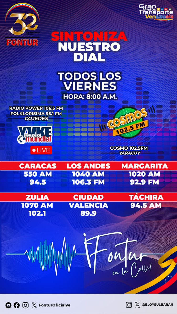 📻 Te invitamos a sintonizar este viernes #15Sep el programa radial Fontur en la Calle por <a href="/YVKE_Mundial/">YVKE Mundial</a> en el dial 550 AM y 94.5 FM en Caracas.   

¡No te lo pierdas!

#VenezuelaYChinaIndestructibles

<a href="/NicolasMaduro/">Nicolás Maduro</a>
<a href="/ELOYSULBARAN/">Eloy Chiquitín</a>
@rvaraguayan 
@TransporteGobVe