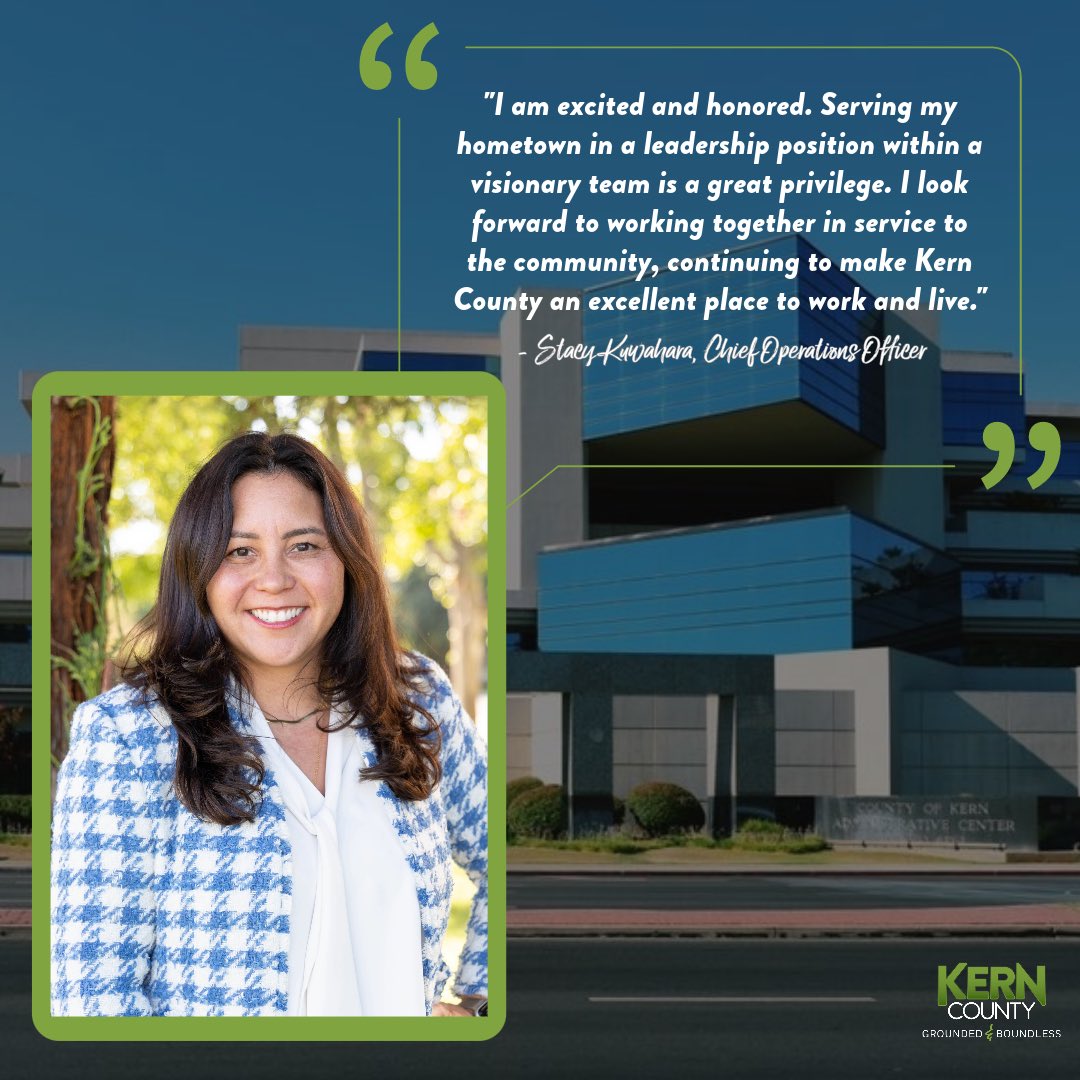 We’re sharing some exciting news! 🥳

Stacy Kuwahara, our director of <a href="/KernBHRS/">Kern Behavioral Health & Recovery Services</a>, has been promoted to serve as Kern County's Chief Operations Officer beginning in October! 👏 

As our new COO, Ms. Kuwahara will design and implement important business strategies across our