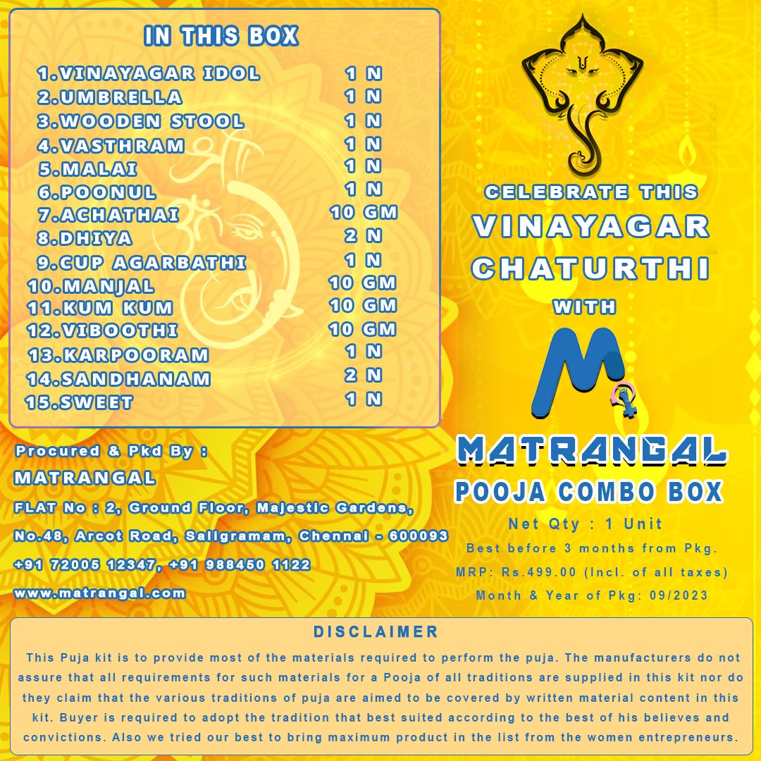 Matrangalorg's tweet photo. Celebrate this #VinayagarChathurthi with @Matrangalorg !

Our Pooja combo box is back 🎁

#VinayagarChathurthi #ganeshchaturthi2023 https://t.co/B88mXaNUhf