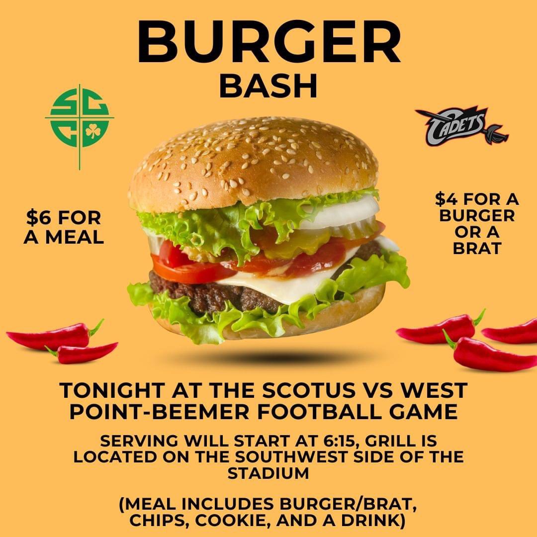 ScotusCC's tweet image. Come to the game hungry! 🍔

Tonight at the Scotus vs @WPB_Cadets football game there will be a Burger Bash! Burgers will be sold on the southwest side of the stadium. 

We hope both fan bases come hungry! Proceeds go to the Scotus Booster Club. #GoRocks #TheScotusWay