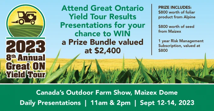 FarmsMarketing's tweet photo. Last chance to hear Moe Agostino @FarmsMarketing Henry Prinzen @Maizex Steve McQueen @Alpinepfl reviewing final #ONYield 23 yield results & market outlook #COFS23. #Maizex Dome at 2:00 p.m. Come hear why it’s a WIN, WIN, WIN for the #Ontario farmer. Thank You all hosts/sponsors https://t.co/FJqnHyf33l