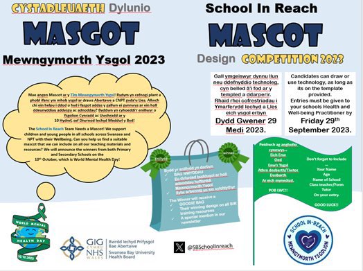 SBSchoolInreach's tweet photo. Ddim yn hir i fynd nes bod ein cystadleuaeth masgot yn cau.  Rhowch eich ceisiadau i'r Ymarferydd Mewngymorth Ysgol erbyn 29 Medi 2023.  Bydd enillwyr yn cael eu cyhoeddi ar Ddiwrnod Iechyd Meddwl y Byd ar 10 Hydref 2023.  Pob lwc i bawb!
 ❤️💕@SwanseabayNHS https://t.co/aUX9FngKGi