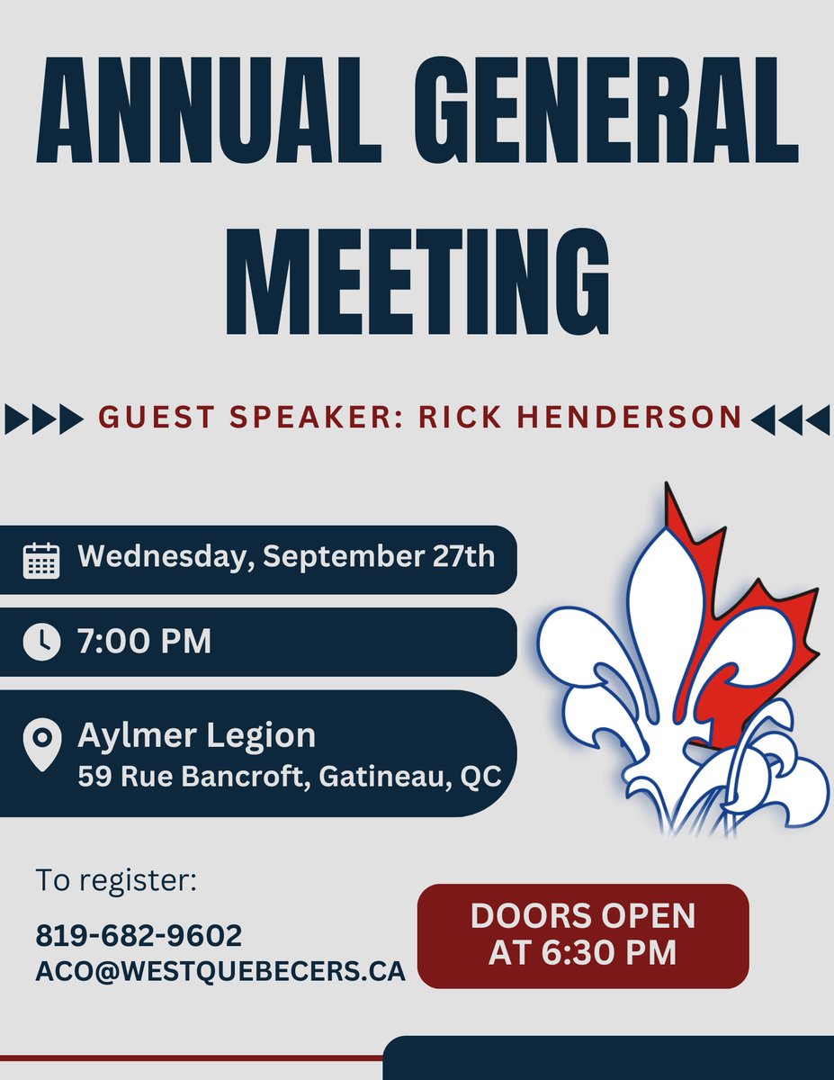 WestQuebecers's tweet photo. Our AGM will take place on Wed, Sept 27 at 7:00 pm. The meeting will take place at the Aylmer Legion, 59 rue Bancroft, Gatineau, QC.

Mr. Rick Henderson will join us as a guest speaker and will reflect on local history.

To RSVP fill out the form https://t.co/ybs4X0ePE2 https://t.co/CdiblhuQCx