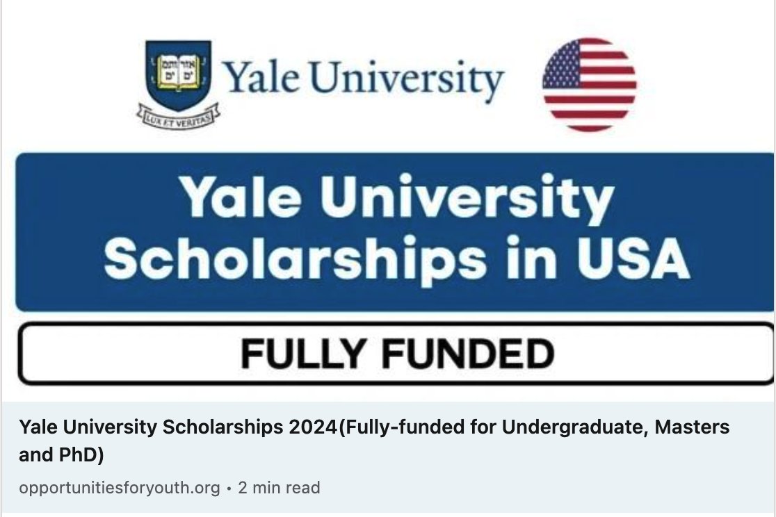 📚Yale University Scholarships 2024🌟

Fully-funded for undergrad, masters, and PhD

Average scholarship over $50,000
Open to students worldwide

Apply now for this golden opportunity!🎓✨Learn more: bit.ly/45HJJF7

#YaleScholarship #EducationForAll