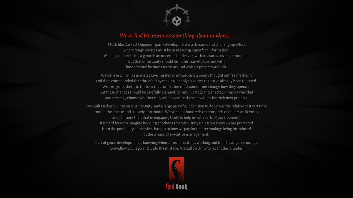 RedHookStudios's tweet image. A statement on the recent Unity changes.