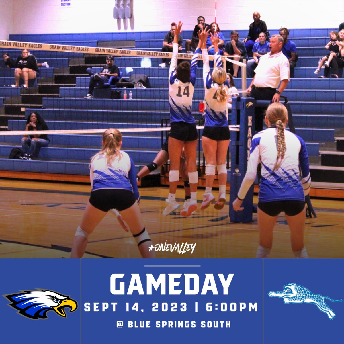 GVHS_Volleyball's tweet photo. Follow the Grain Valley Eagles🦅who are taking to the road tonight battling the Jaguars of South Blue Springs‼️ 
👊C Team 4:00pm
👊JV 5:00pm
👊6:00pm Varsity https://t.co/g8jshsPd42