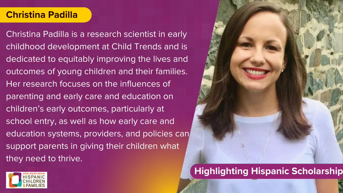 NRCHispanic's tweet photo. Highlighting Hispanic Scholarship: @cmpadilla12 is a research scientist in #EarlyDevelopment and a 2016 Center Scholar. She is dedicated to equitably improving the lives and outcomes of young children and their families. #HispanicHeritageMonth https://t.co/yXneuBQyc7