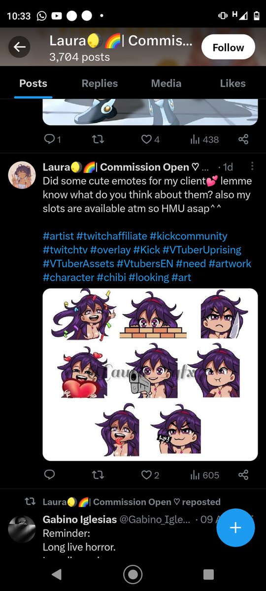 One more art stealer <a href="/Laura__gfx/">Laura🌖🌈| Commission Open ♡</a> in the house, just stop posting my work, please report them 
I'm mentioning the person whom i made this for <a href="/VHextra/">Violet Hextra</a> 
Thankyou for letting me know @rainvdaze
#thievealert #Vtuber #twitch #arrthieve #artstealer #scamming #ScamAlert