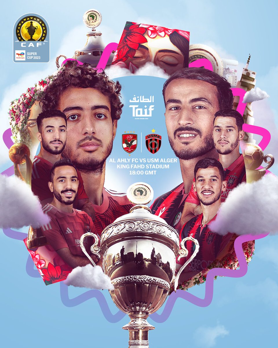 CAFCLCC's tweet photo. 2022/23 CAF Inter-clubs champions finally meet. 🥇

@AlAhly. @USMAofficiel. Tonight. #SuperAfricaInTaif. 🇸🇦

Where will the #TotalEnergiesCAFSC be heading on its way back to Africa? 🌍 https://t.co/oc6LGUszDJ