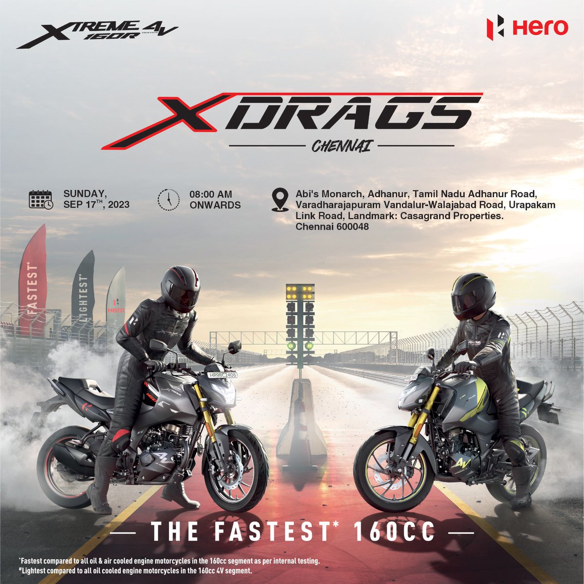 For all the speed demons out there!
Here’s #Xtreme160R4V - a bike that will make your drag dreams come true.

#MohanaHero #EveryDragstersDream #HeroMotoCorp #Chennai #Xtreme160R4V #Xtreme160R