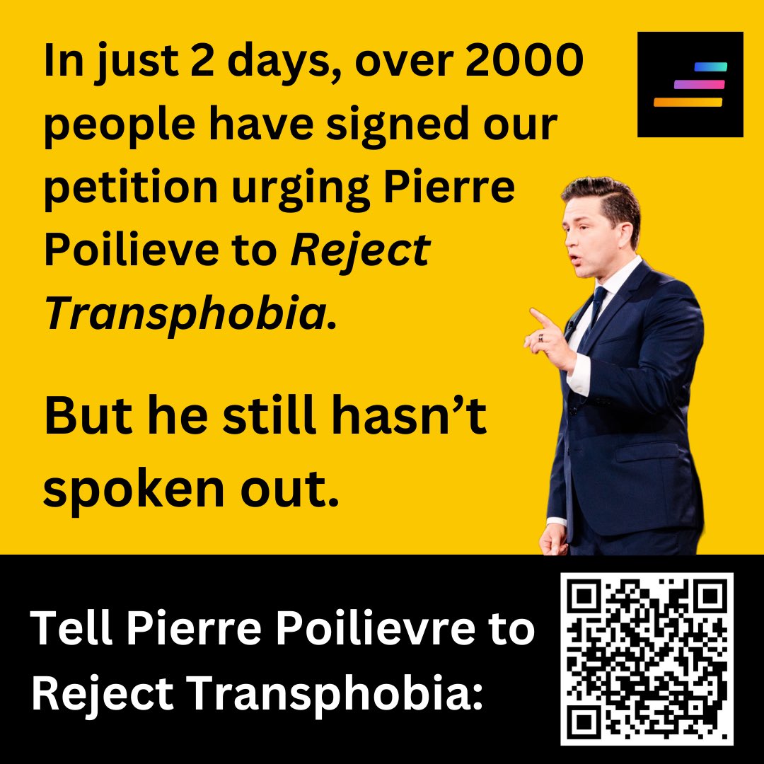 Over 2000 signatories already - but can you help us reach 4000? We need to show Pierre Poilievre that people across Canada want him to speak out and reject transphobia. 

Sign our petition: momentumcanada.net/poilievre