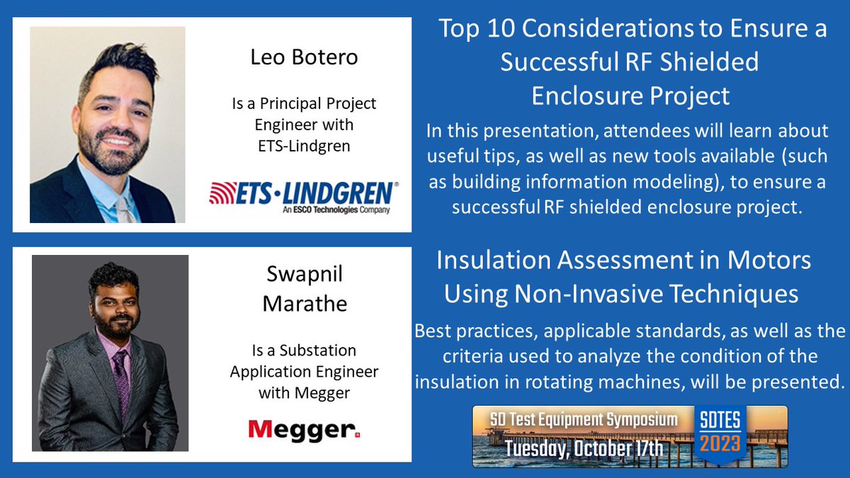 Come join us on October 17th for SDTES, where you can expect great presentations from industry experts. Two of the many presentations will be given by Leo Botero from ETS-Lindgren and Swapnil Marathe from Megger. Don't miss out and sign up today! atecorp.com/special-pages/…