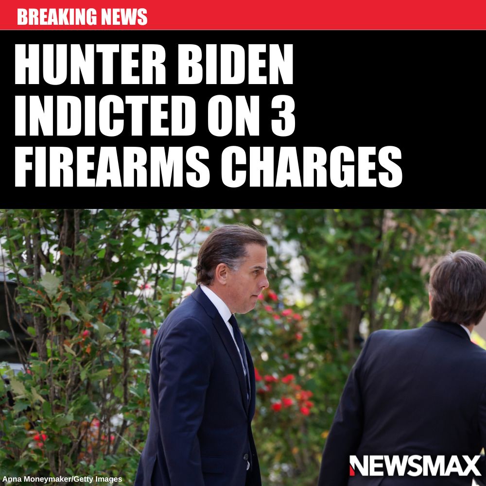 NEWSMAX's tweet photo. BREAKING: U.S. President Joe Biden's son Hunter Biden was criminally charged Thursday, after efforts to reach a plea deal failed, leading to the first ever prosecution of a sitting president's child. https://t.co/0s4WK65MlC