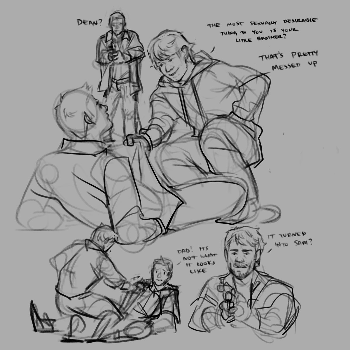 sketch I'll probably never finish.

the idea is similar to Love Hurts. Young Dean and John are hunting a creature that turns into your sexual desires in order to seduce you and kill you. Dean finds himself face to face with it and it turns into Sammy. 
#wincest #supernatural