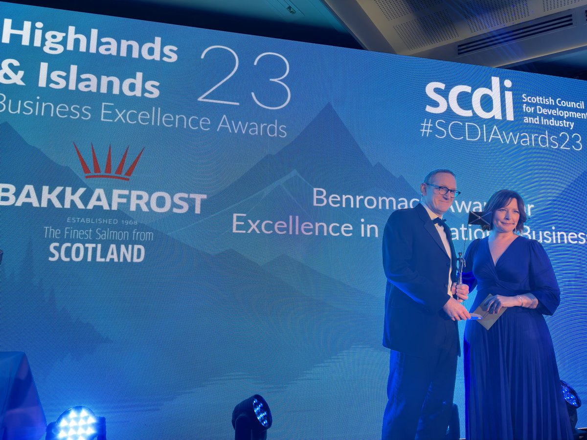 Our third award this evening, the Benromach Award for Excellence in International Business goes to Bakkafrost Scotland 💫 #SCDIAwards23