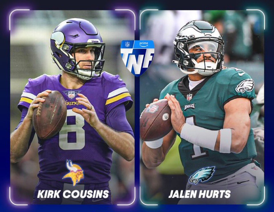 SportsCentralO's tweet photo. If Kirk Cousins or Jalen Hurts throws 4 TD passes tonight, we will send a person who likes this tweet $1000. Must be following https://t.co/3x3LT5SCGO