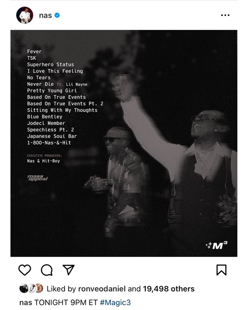 Nas has released the tracklist for his new album “MAGIC 3” being released tonight at 9pm ET.