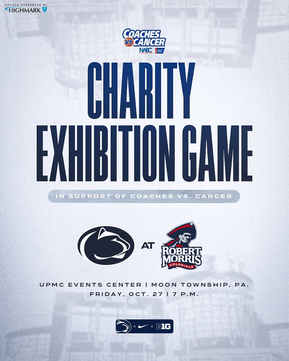 Penn State Menโs Basketball (@pennstatembb) on Twitter photo Thrilled to team up with <a href="/RMUMBasketball/">RMU Basketball</a> for a charity exhibition game benefiting <a href="/CoachesvsCancer/">Coaches vs. Cancer</a> on Oct. 27 ๐ค๐ฆ
Details: bit.ly/PSUvsRMUCharitโฆ
#WeAre Thrilled to team up with <a href="/RMUMBasketball/">RMU Basketball</a> for a charity exhibition game benefiting <a href="/CoachesvsCancer/">Coaches vs. Cancer</a> on Oct. 27 ๐ค๐ฆ
Details: bit.ly/PSUvsRMUCharitโฆ
#WeAre