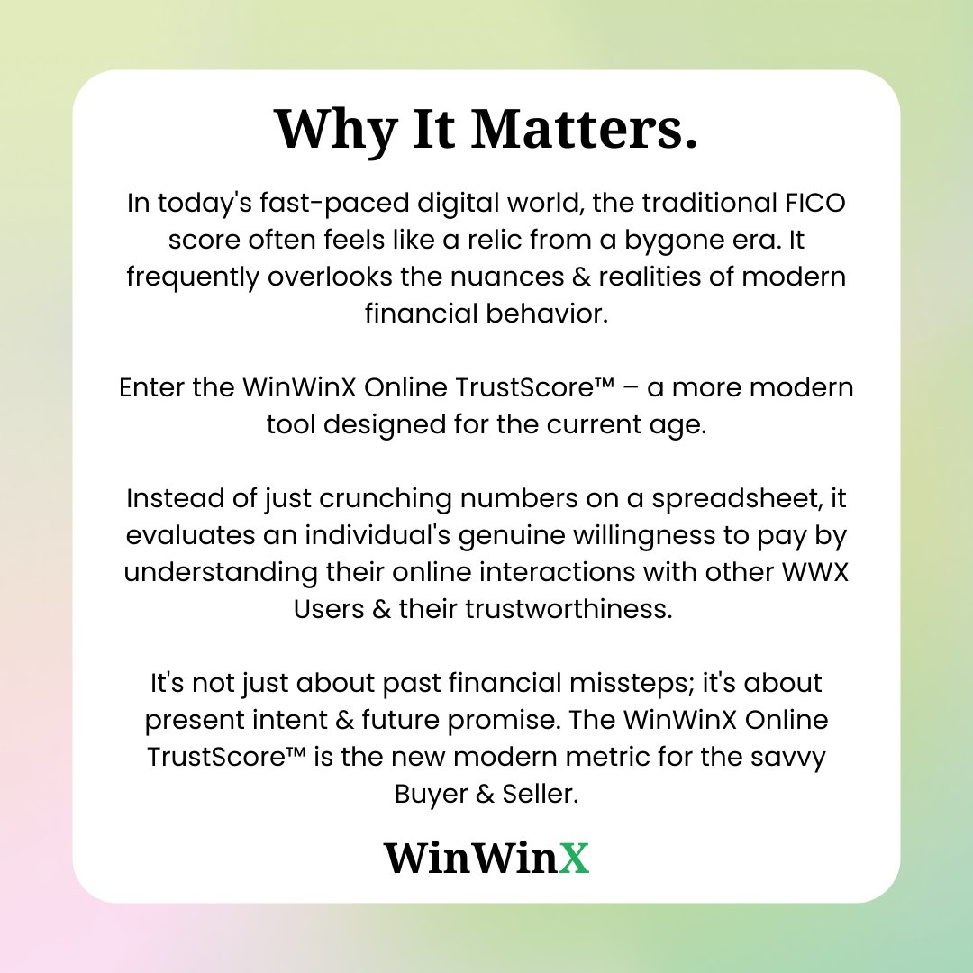 WinWinXPayments's tweet photo. In today's digital age, it's not just about numbers but trust! ๐ The WinWinX Online TrustScoreโข speaks volumes more than any old-school FICO score ever could! Dive into the future of trust today! ๐ค๐ป #FICO #AlternativePayments #BNPL #RealLife #OnlineMarketplace #Trust https://t.co/oS8OS1zs6z
