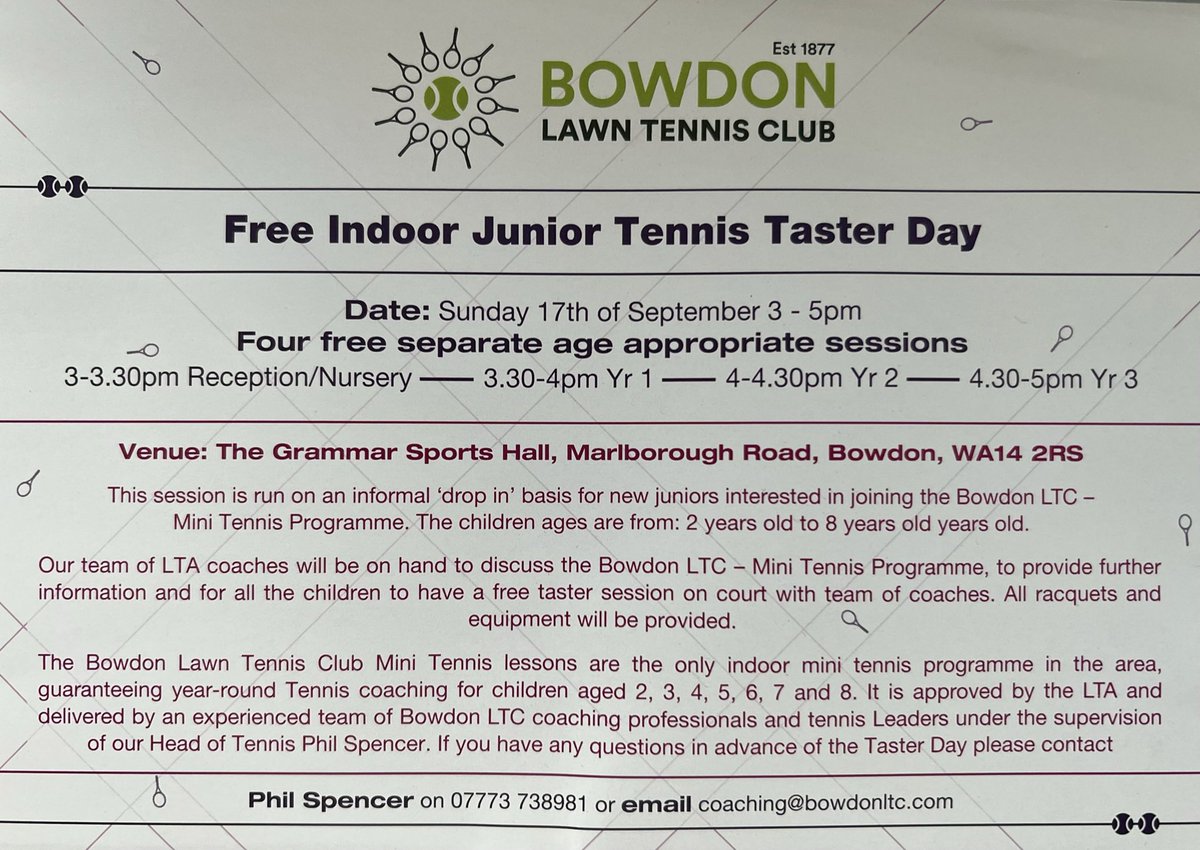 FREE Mini Tennis Open Day Sun 17th of Sept 3pm-5pm Indoors at the Grammar Marlborough Rd. To book a free place click on the link:
clubspark.lta.org.uk/BowdonLTC/Book…
All children who sign up receive a free Tennis Racket+Balls For info please email Coach Phil Spencer coaching@bowdonltc.com