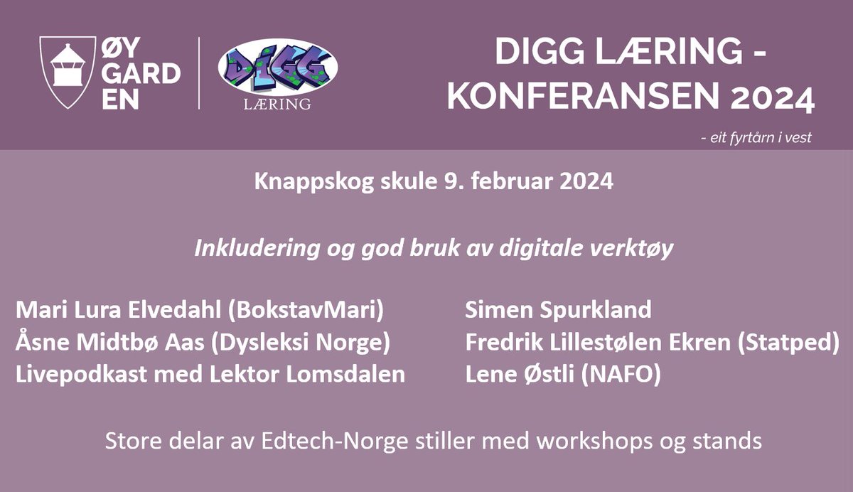 Påmeldinga til Digg Læring - konferansen 2024 har starta. Gå inn på lenka for påmelding og meir informasjon: forms.office.com/e/rQc66g6TgP
Vi gleder oss!! #diggleæring