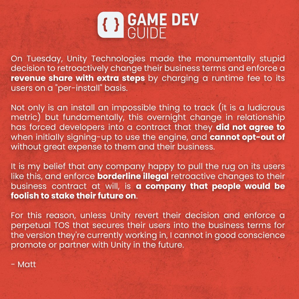 GameDevGuideYT's tweet image. For anyone wondering, I'm giving some time for things to settle and a final outcome to be made by @unity
However, I am actively considering my options and will be making a video discussing this whole debacle in the near future.
My statement: