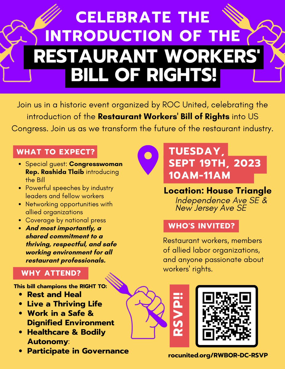 foodchainworker's tweet photo. Join @rocunited next Tuesday, 9/19 to celebrate the re-introduction of the #RestaurantWorkersBillofRights with Rep. Rashida Tlaib! Learn more and RSVP at https://t.co/QKO5i9lQ91 https://t.co/sabraSfI7M