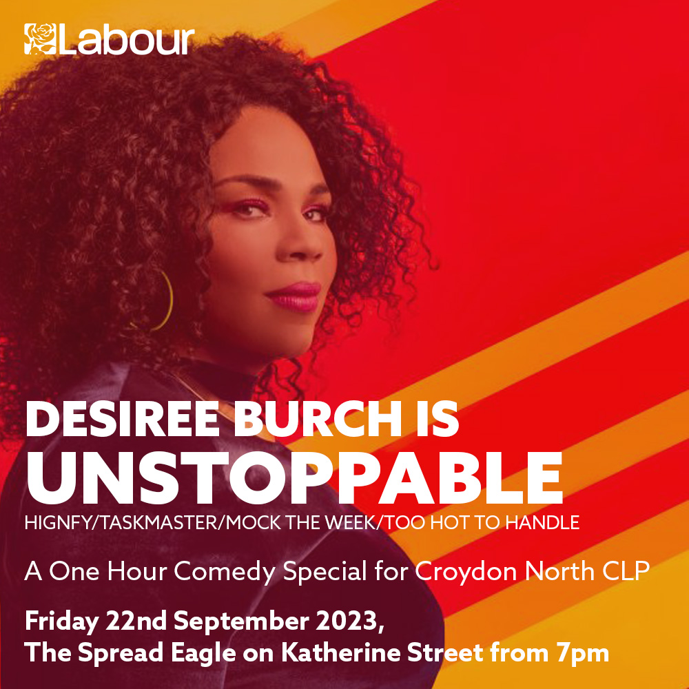 Croydon West Labour Party (@croydonwestclp) on Twitter photo Join <a href="/CroydonLabour/">Croydon Labour</a> colleagues and <a href="/destheray/">Desiree Burch</a> on Fri 22nd of Sep 2023 at <a href="/spreadeaglecroy/">The Spread Eagle Ale & Pie House</a> from 7:30pm for a very special #londoncomedy night!
cnclp.org.uk/ticket/desiree… Join <a href="/CroydonLabour/">Croydon Labour</a> colleagues and <a href="/destheray/">Desiree Burch</a> on Fri 22nd of Sep 2023 at <a href="/spreadeaglecroy/">The Spread Eagle Ale & Pie House</a> from 7:30pm for a very special #londoncomedy night!
cnclp.org.uk/ticket/desiree…
