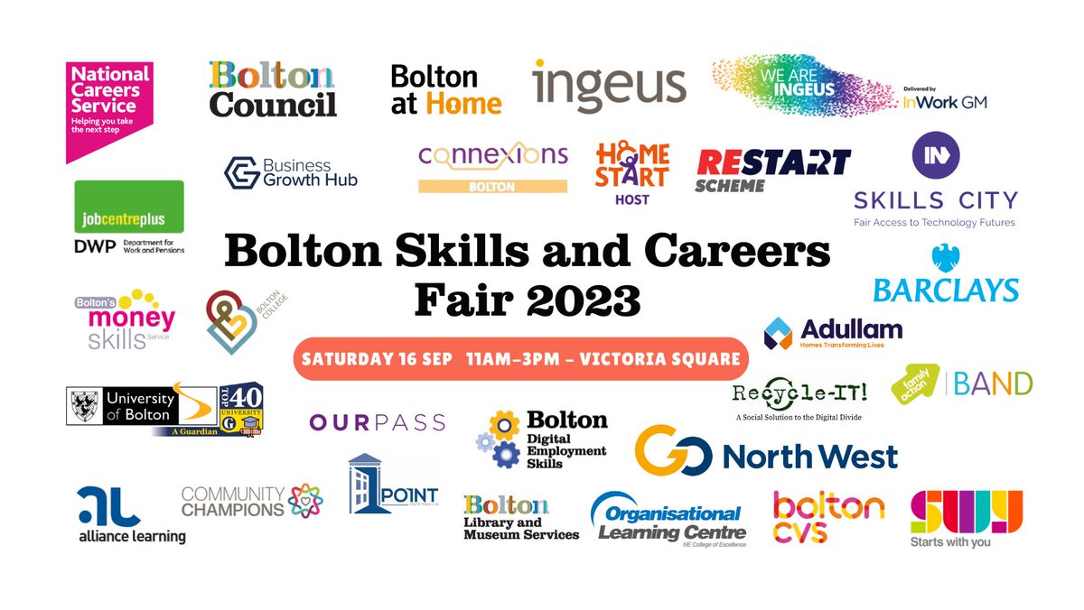 Bolton Skills and Careers Fair 2023 Saturday 16th September, 11am to 3pm. Victoria Square Over 20 providers and businesses to help you find your next step. #BoltonSkillsFair2023 #Bolton