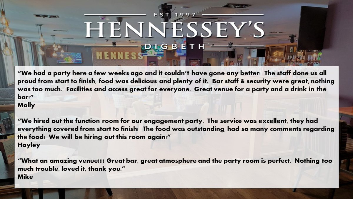 HennesseysBrum's tweet image. Some of the lovely feedback we have received from customers who have had parties in our private function room.
Looking for somewhere to celebrate? Check out our website for details, or send us a message 🥳🥂
hennesseysdigbeth.co.uk/functionroom/
#celebrate #functionroom #digbeth